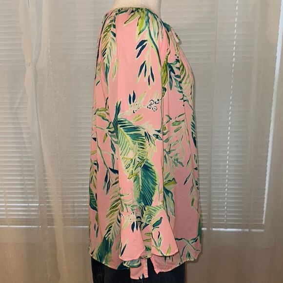 Lilly Pulitzer L Willa Pink Green Tropical Long Flounce Sleeve Front Tie Top - Picture 8 of 12